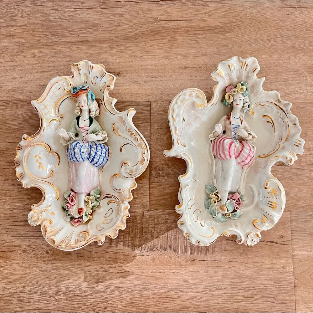 2 PCs RARE Vintage‎ Cordey Porcelain Wall Art Plaque Numbered Victorian Rococo